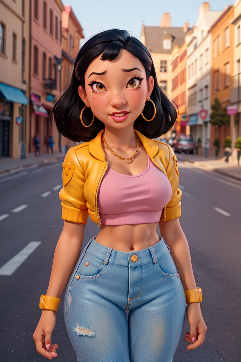 flirty expression,RAW photo,(wide effect:1.2), (a photo of 20y.o. woman:1.3),((Asian-woman)) (tan skin:1.2), (abs:1.1), dim lit,  (high detailed skin, detailed eyes:1.1), 8k uhd, dslr, soft lighting, intricate details, best quality, film grain, Fujifilm XT3, analog style, instagram, tik tok, (curvy:1.2), (Pin up Girl style:1.2), short hair,(black hair:1.1),(makeup:0.1), beauty marks, (in street:1.2), (blushing face:1.2), (kind eyes),tight clothes (wearing denim shorts , open yellow jacket, purple shades on head, hoop earrings ,short jean shorts, blue gloves, pink sports bra),back view,Jubilee,JubJak,NaniWaifu