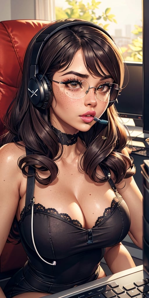 (masterpiece,best quality,extremely detailed),picture perfect face,blush,freckles,(sssniperwolf),nerdy,beautiful,cute,hot,sexy,lewd,makeup,long defined eyelashes,(dark hair),curly,cut bangs,((wide lips,puckered mouth)),((heavy square glasses)),computer chair,streaming,headphones,underwear,Kim Possible