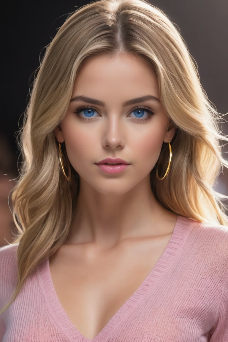 (masterpiece, best quality, ultra detailed, 8K), young woman in her 20s Becky Blanc, hourglass body, dark blonde with brown highlights, shoulder length hair, pink lips, blue eyes, realistic skin, pink knit shirt, gold hoop earrings, photo of perfect eyes, backlit, appears to shine, facing viewer, front view, (small_breasts), toned thighs, no panties, blonde pubic hair, pubic hair on runway