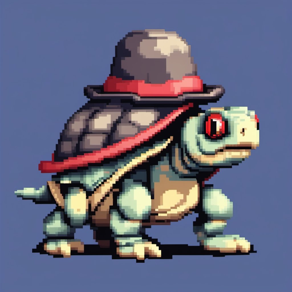 A turtle, ((with a hat on his head and red eyes:1.1)), crawling forward on all fours,
(full body picture),
(from the side),
A blue background,
(Pixel Art :1.3), Pixel style,