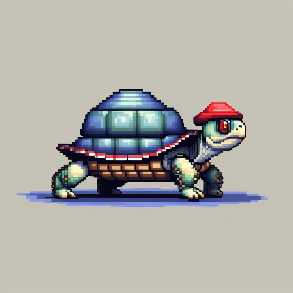 A turtle, ((with a hat on his head and red eyes:1.5)), crawling forward on all fours,
(full body picture),
(from the side),
A blue background,
(Pixel Art :1.3), Pixel style,