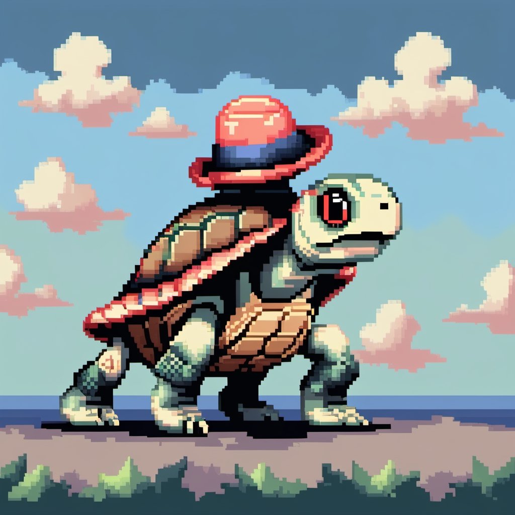 ((Turtle wearing a hat on the head:1.6)), turtle's red eyes, limbs crawling forward, (full body), (side full body picture), sky blue background, ((Pixel art:1.5)), pixel style,pixelstyle,