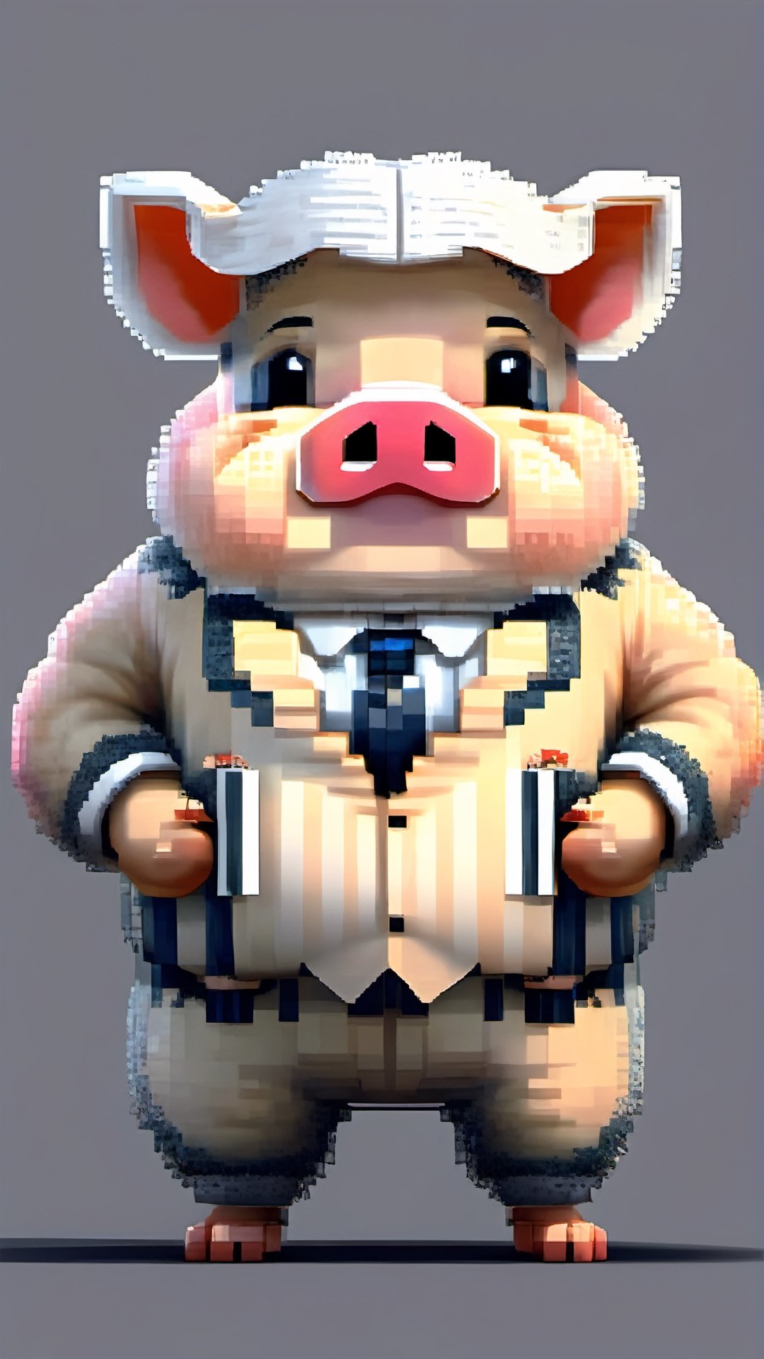 (a white-striped pig, anthropomorphic figure), weighing 100kg, (hair is a braid, the braid is draped across the chest), ((wearing a suit, the figure)), (standing on two legs), commanding with both hands forward, smiling towards the camera,pixel style