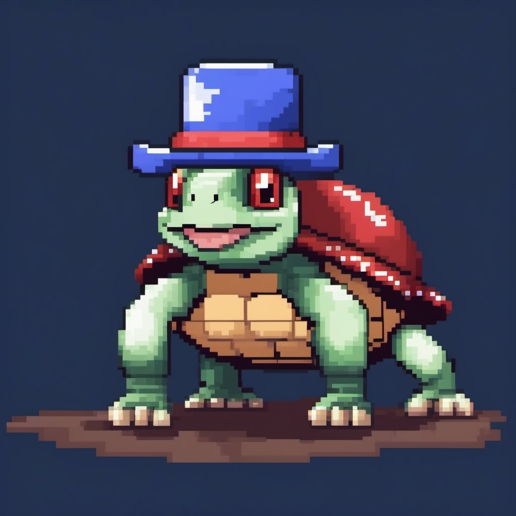 A turtle, ((with a hat on his head and red eyes:1.1)), crawling forward on all fours,full body,(from the side:1.9),
A blue background,(Pixel Art :1.3), Pixel style,