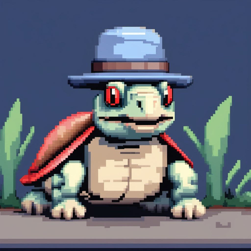 A turtle, ((with a hat on his head and red eyes:1.1)), crawling forward on all fours,(from the side),A blue background,
(Pixel Art :1.3), Pixel style,