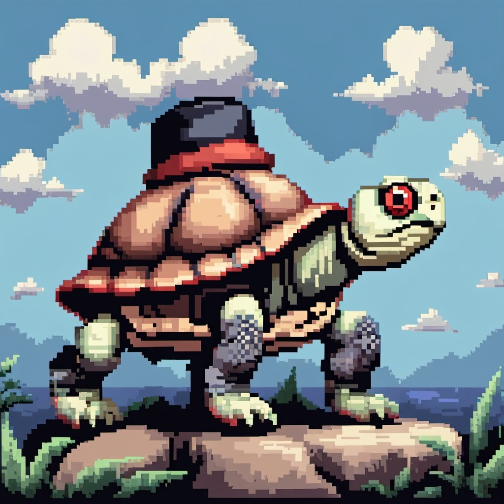 ((Turtle wearing a hat on the head:1.6)), turtle's red eyes, limbs crawling forward, (full body), (side full body picture), sky blue background, ((Pixel art:1.5)), pixel style,pixelstyle,