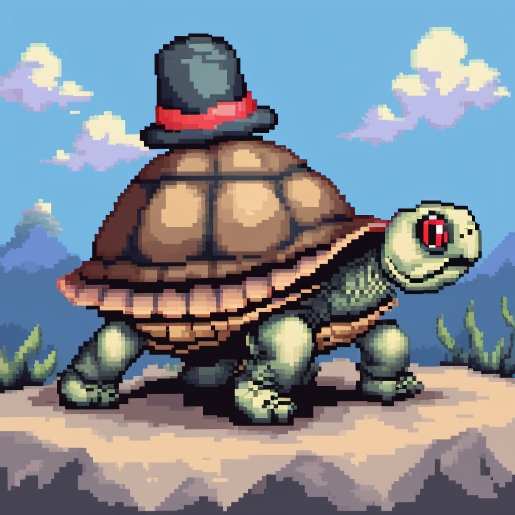 ((Turtle wearing a hat on the head:1.6)), turtle's red eyes, limbs crawling forward, (full body), (side full body picture), sky blue background, ((Pixel art:1.5)), pixel style,pixelstyle,