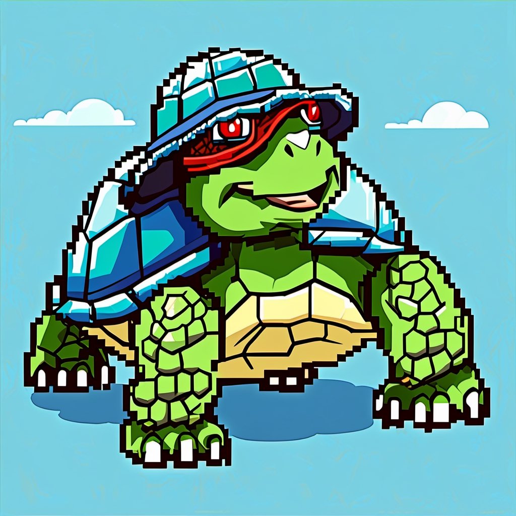 Turtle wearing a hat on the head, turtle's red eyes, limbs crawling forward, (full body), (side full body picture), sky blue background, (Pixel art :1.1), pixel style,