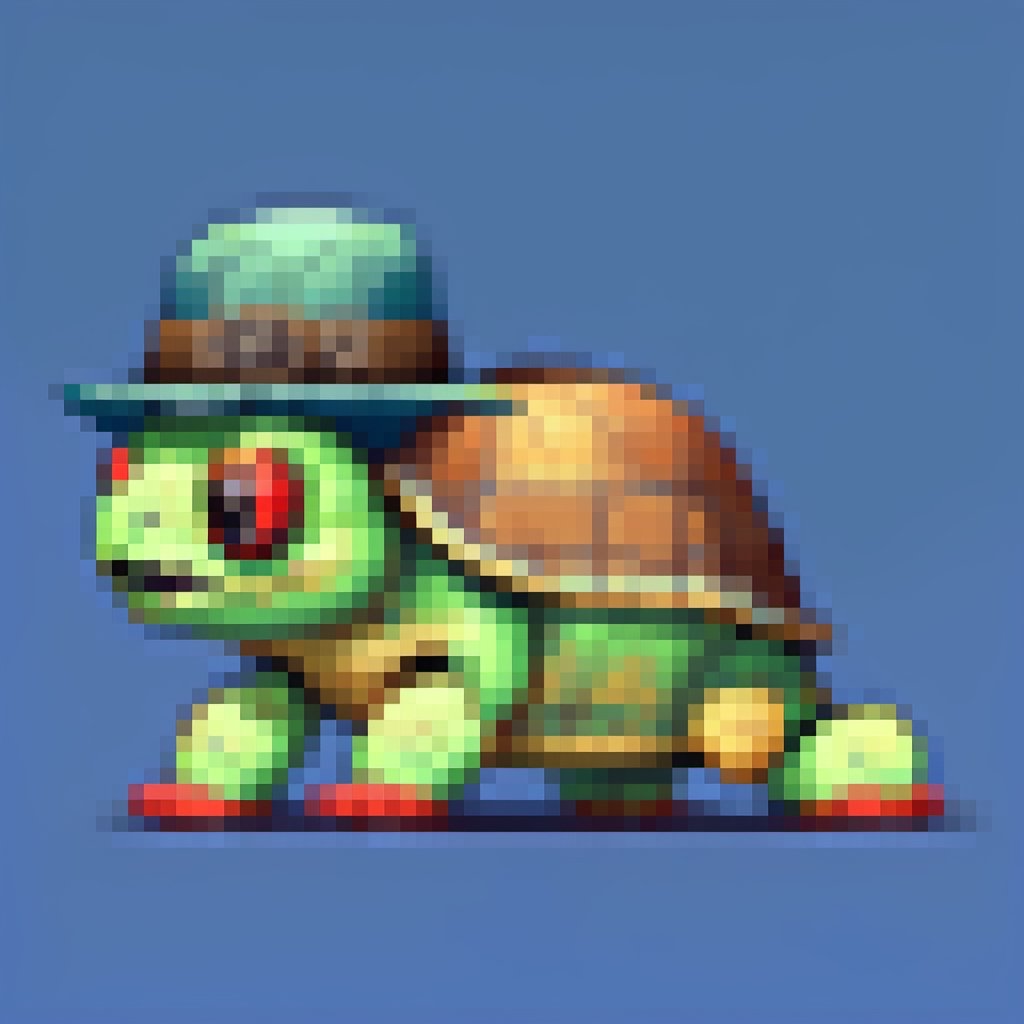 A turtle, ((with a hat on his head and red eyes:1.1)), crawling forward on all fours,(full body picture),(from the side:1.9),
A blue background,(Pixel Art :1.3), Pixel style,pixelartstyle