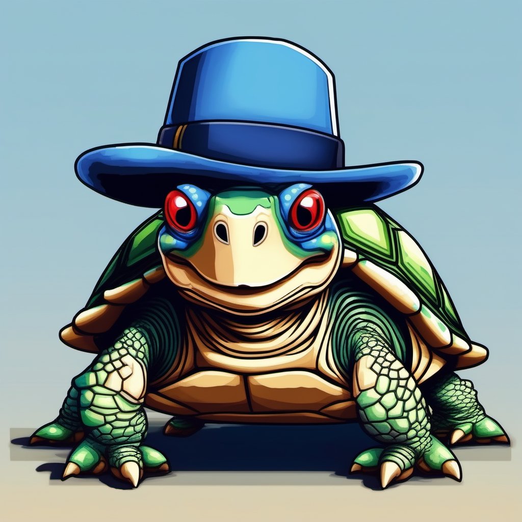 A turtle, ((with a hat on turtle head)),red eyes:1.9, crawling forward on all fours,(full body picture),(from the side:1.9),
A blue background,(Pixel Art :1.1), Pixel style,pixelartstyle