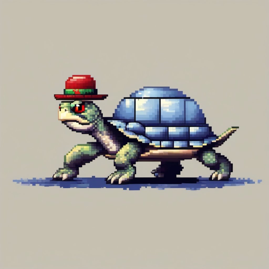 A turtle, ((with a hat on his head and red eyes:1.5)), crawling forward on all fours,
(full body picture),
(from the side),
A blue background,
(Pixel Art :1.3), Pixel style,