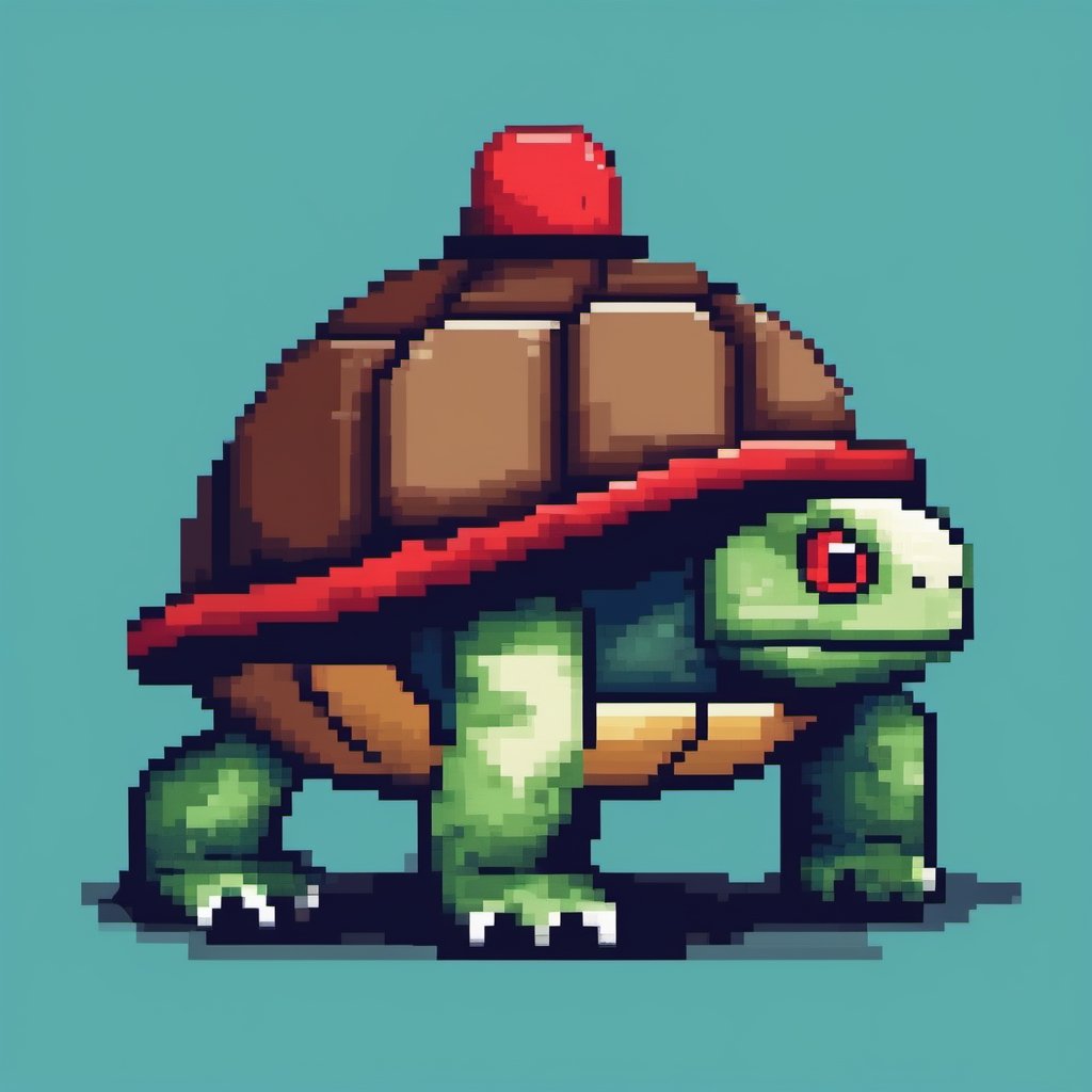 A turtle, ((with a hat on his head and red eyes:1.1)), crawling forward on all fours,full body,(from the side:1.9),
A blue background,(Pixel Art :1.3), Pixel style,