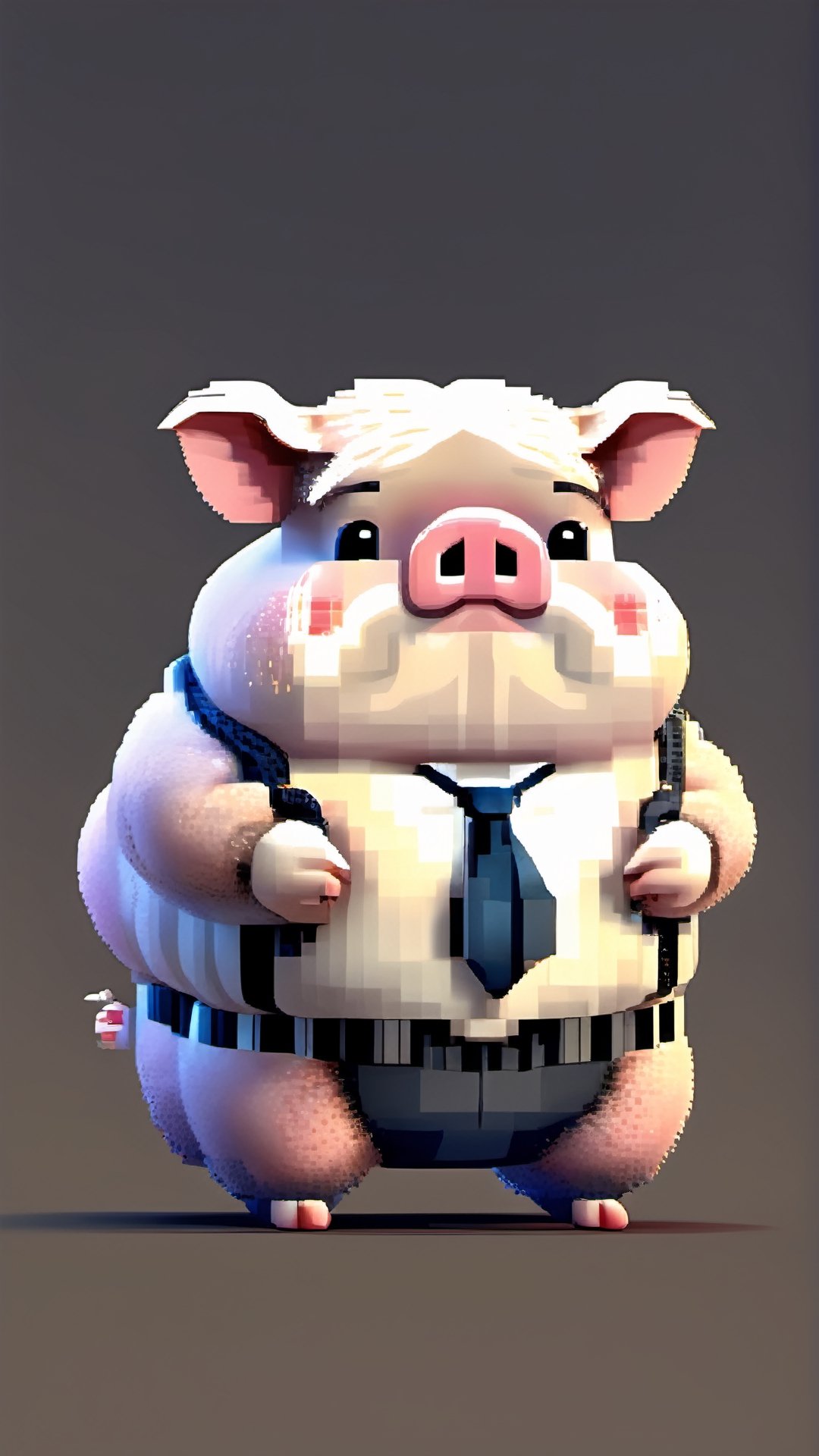 (a white-striped pig, anthropomorphic figure), weighing 100kg, (hair is a braid, the braid is draped across the chest), ((wearing a suit, the figure)), (standing on two legs), commanding with both hands forward, smiling towards the camera,pixel style