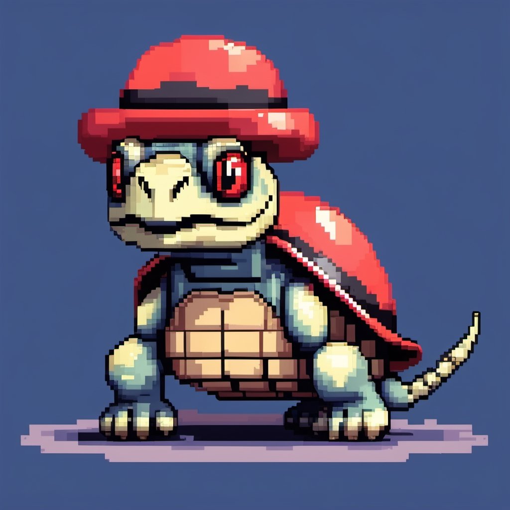 A turtle, ((with a hat on his head and red eyes:1.5)), crawling forward on all fours,
(full body picture),
(from the side),
A blue background,
(Pixel Art :1.3), Pixel style,