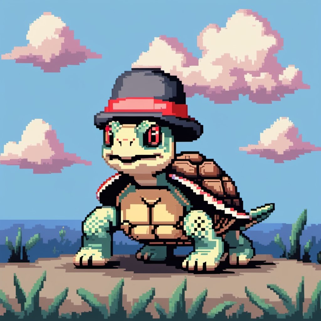 ((Turtle wearing a hat on the head:1.6)), turtle's red eyes, limbs crawling forward, (full body), (side full body picture), sky blue background, ((Pixel art:1.5)), pixel style,pixelstyle,