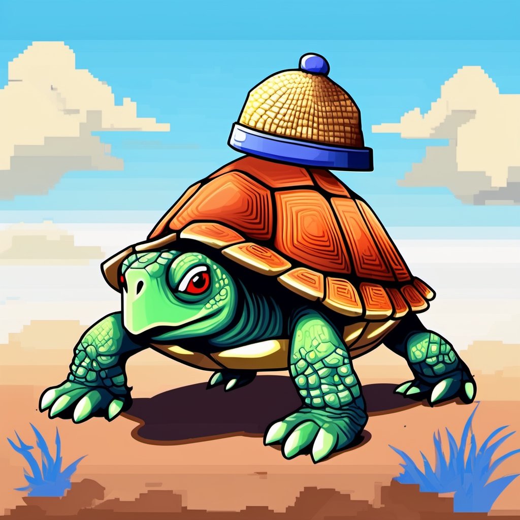 ((Turtle wearing a hat on the head:1.6)), turtle's red eyes, limbs crawling forward, (full body), (side full body picture), sky blue background, (Pixel art:1.5), pixel style,pixelstyle,