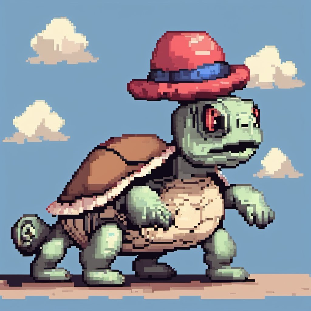 ((Turtle wearing a hat on the head)), turtle's red eyes, limbs crawling forward, (full body), (side full body picture), sky blue background, (Pixel art:1.5), pixel style,pixelstyle,