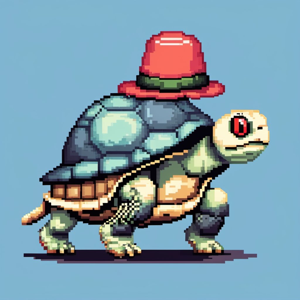 ((Turtle wearing a hat on the head:1.6)), turtle's red eyes, limbs crawling forward, (full body), (side full body picture), sky blue background, ((Pixel art:1.5)), pixel style,pixelstyle,