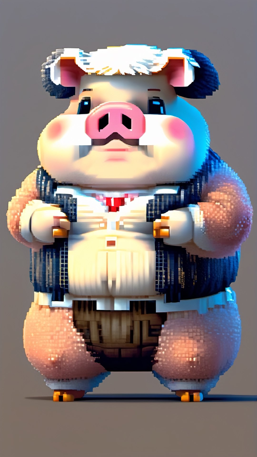 (a white-striped pig, anthropomorphic figure), weighing 100kg, (hair is a braid, the braid is draped across the chest), ((wearing a suit, the figure)), (standing on two legs), commanding with both hands forward, smiling towards the camera,pixel style