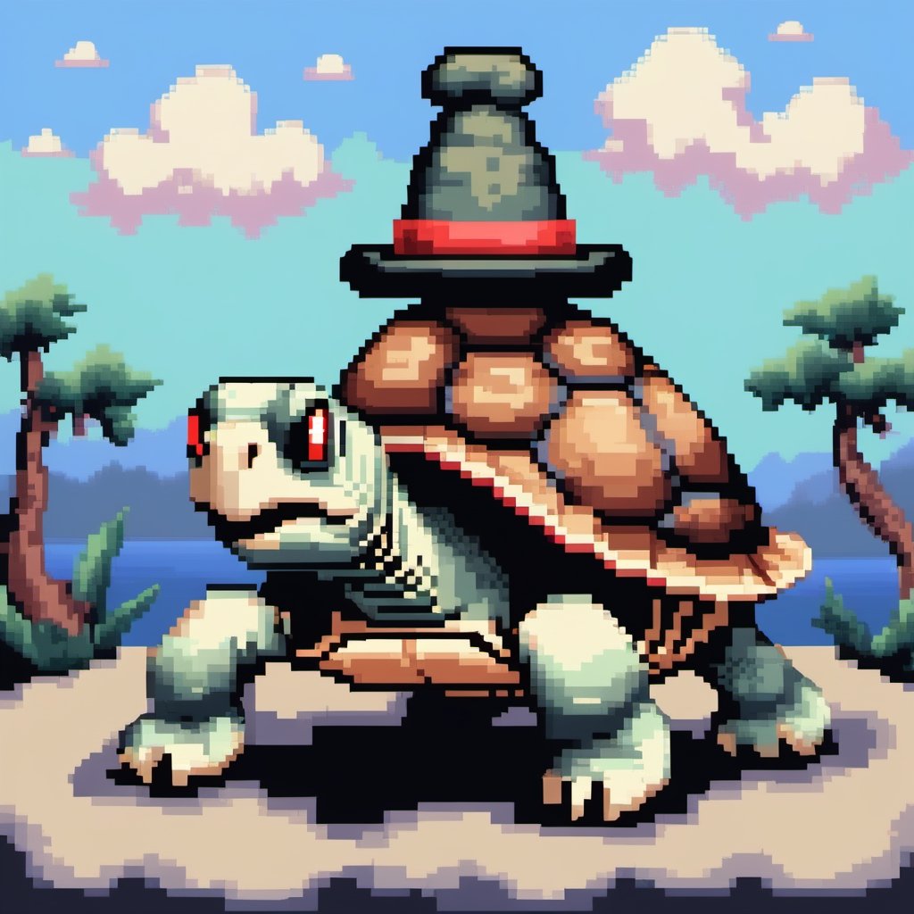((Turtle wearing a hat on the head:1.6)), turtle's red eyes, limbs crawling forward, (full body), (side full body picture), sky blue background, ((Pixel art:1.5)), pixel style,pixelstyle,