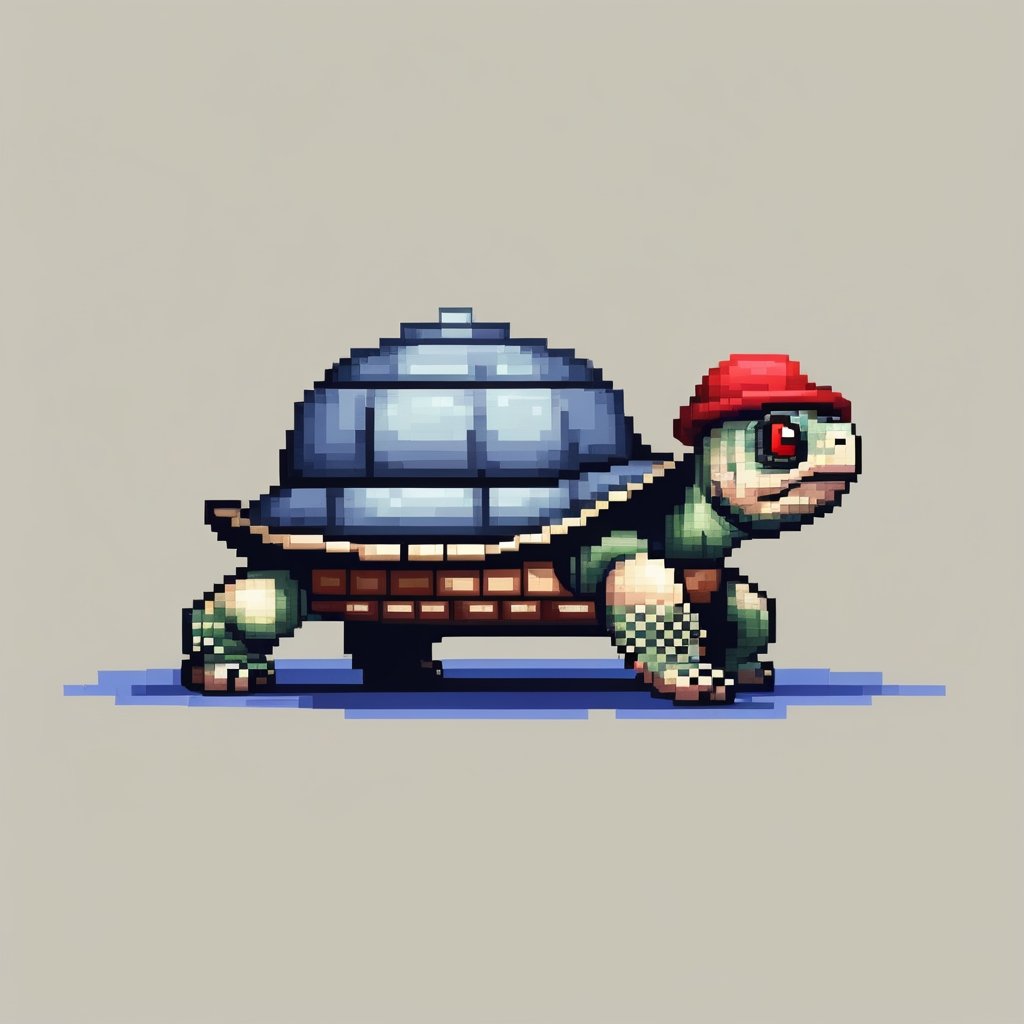 A turtle, ((with a hat on his head and red eyes:1.5)), crawling forward on all fours,
(full body picture),
(from the side),
A blue background,
(Pixel Art :1.3), Pixel style,