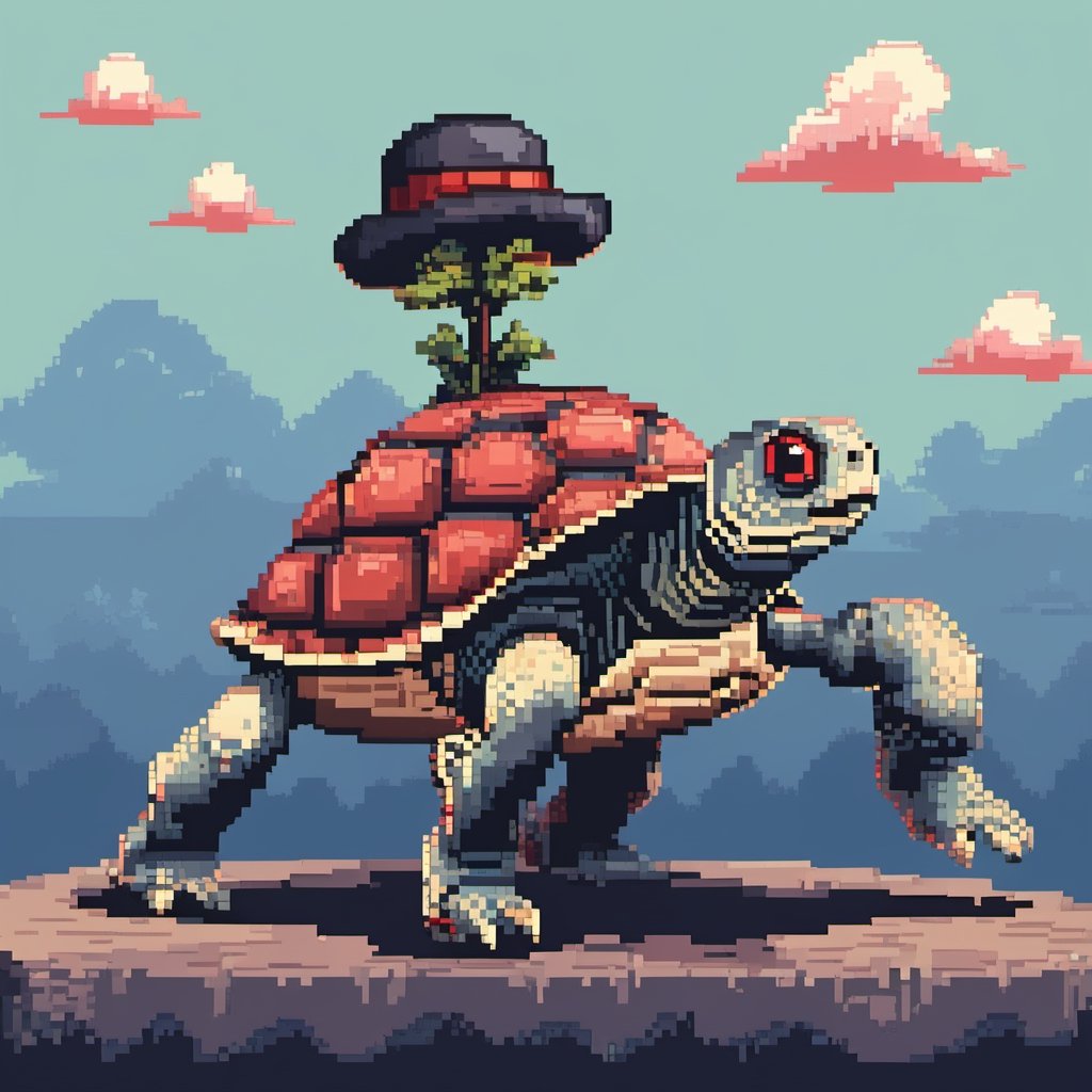 ((Turtle wearing a hat on the head)), turtle's red eyes, limbs crawling forward, (full body), (side full body picture), sky blue background, (Pixel art:1.5), pixel style,pixelstyle,