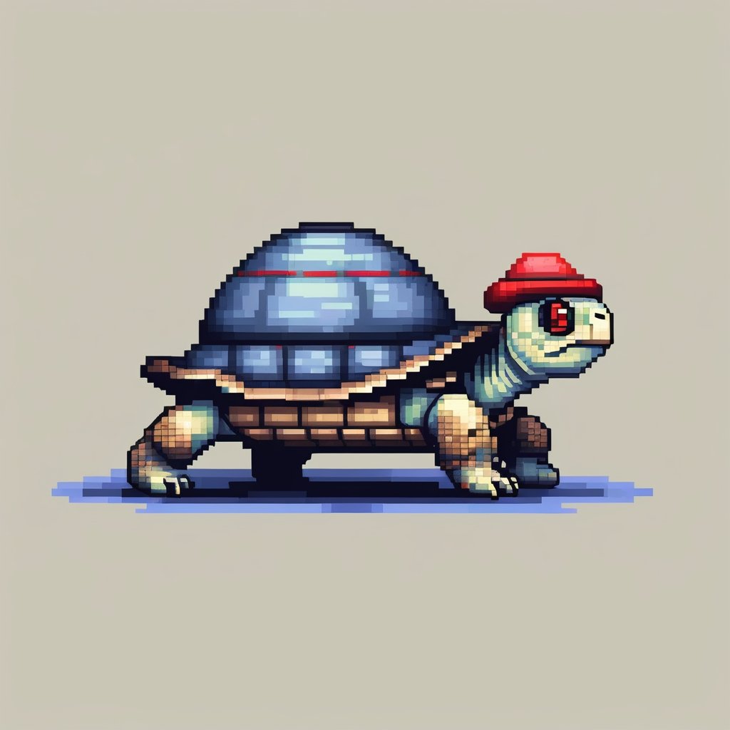 A turtle, ((with a hat on his head and red eyes:1.5)), crawling forward on all fours,
(full body picture),
(from the side),
A blue background,
(Pixel Art :1.3), Pixel style,