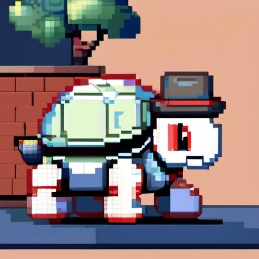 A turtle, 
((with a hat on his head and red eyes:1.1)), 
crawling forward on all fours,
full body,(from the side:2),
A blue background,
Pixel Art , Pixel style,