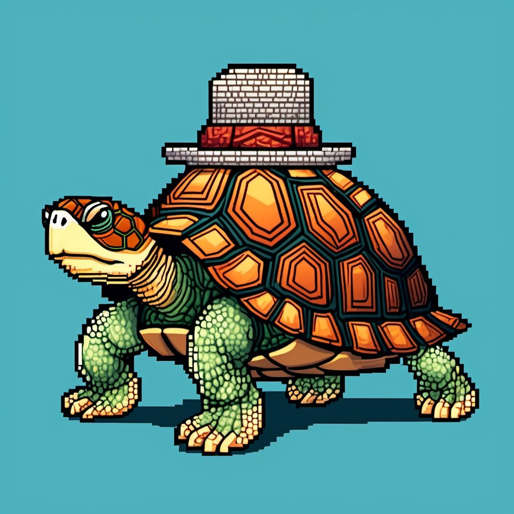 ((Turtle wearing a hat on the head:1.6)), turtle's red eyes, limbs crawling forward, (full body), (side full body picture), sky blue background, (Pixel art:1.5), pixel style,pixelstyle,