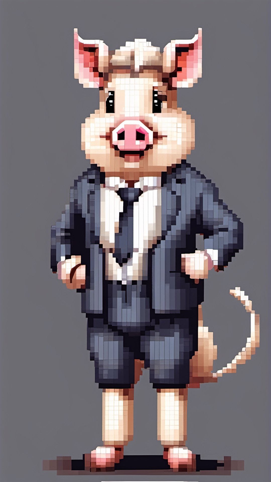 (a white-striped pig, anthropomorphic figure), weighing 100kg, (hair is a braid, the braid is draped across the chest), (wearing a suit, the figure), (standing on two legs), commanding with both hands forward, smiling towards the camera,pixel style