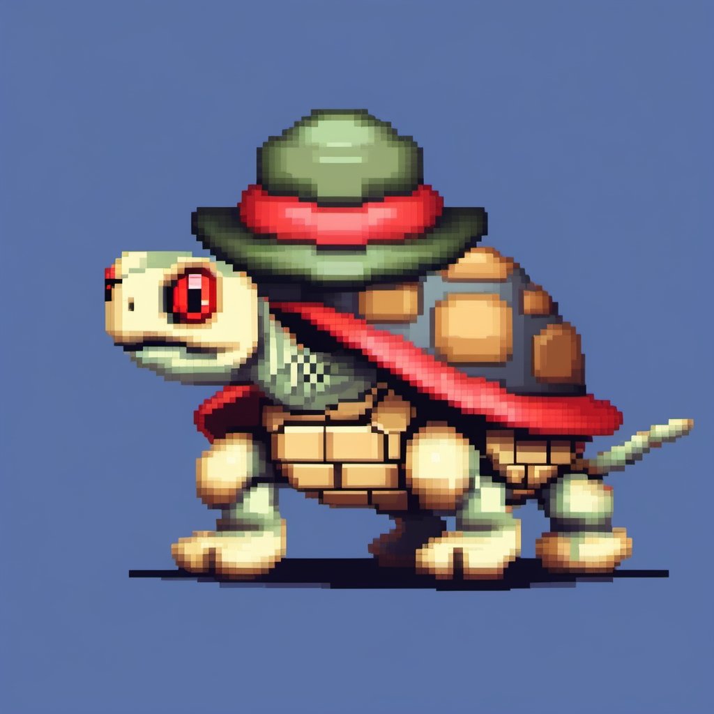 A turtle, ((with a hat on his head and red eyes:1.1)), crawling forward on all fours,
(full body picture),
(from the side),
A blue background,
(Pixel Art :1.3), Pixel style,