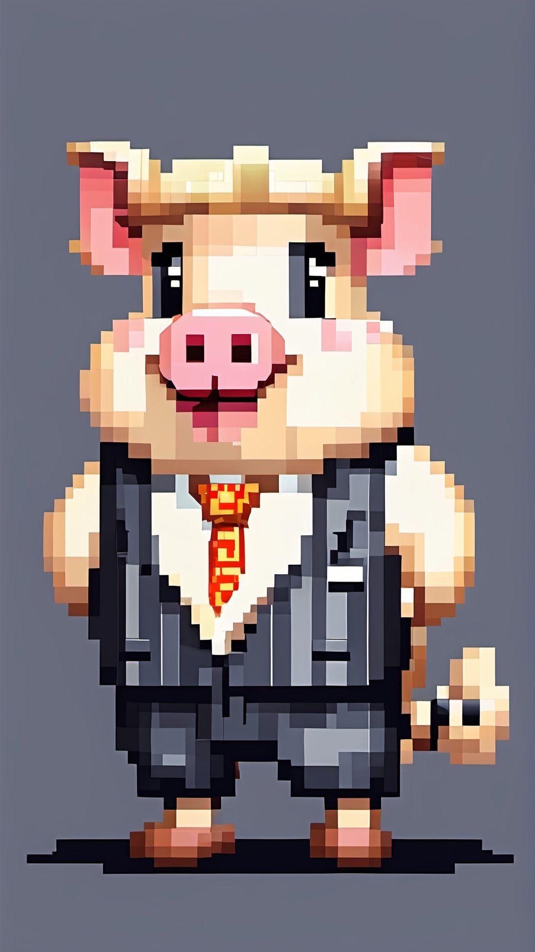 (a white-striped pig, anthropomorphic figure), weighing 100kg, (hair is a braid, the braid is draped across the chest), ((wearing a suit, the figure)), (standing on two legs), commanding with both hands forward, smiling towards the camera,pixel style