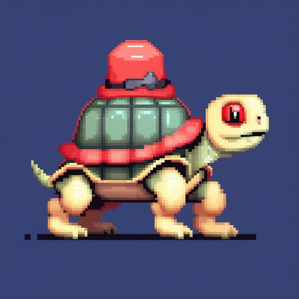 A turtle, ((with a hat on his head and red eyes:1.1)), crawling forward on all fours,(full body picture),(from the side:1.9),
A blue background,(Pixel Art :1.3), Pixel style,