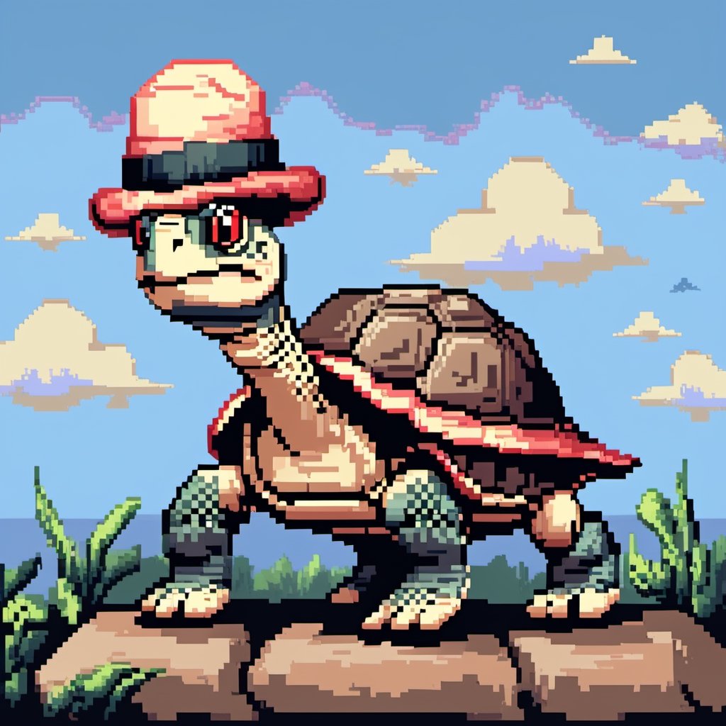 ((Turtle wearing a hat on the head:1.6)), turtle's red eyes, limbs crawling forward, (full body), (side full body picture), sky blue background, ((Pixel art:1.5)), pixel style,pixelstyle,