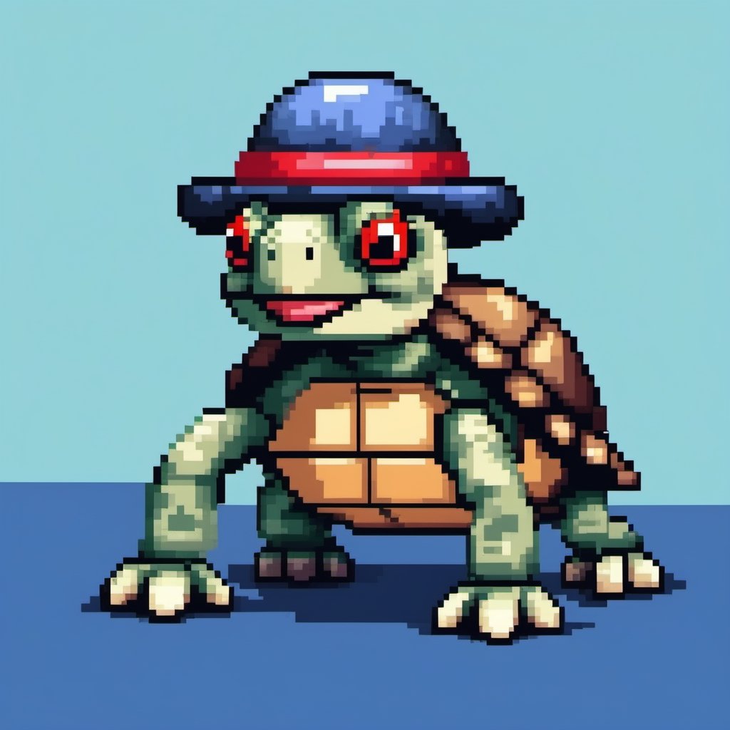 A turtle, ((with a hat on his head and red eyes:1.1)), crawling forward on all fours,(full body picture),(from the side:1.9),
A blue background,(Pixel Art :1.3), Pixel style,