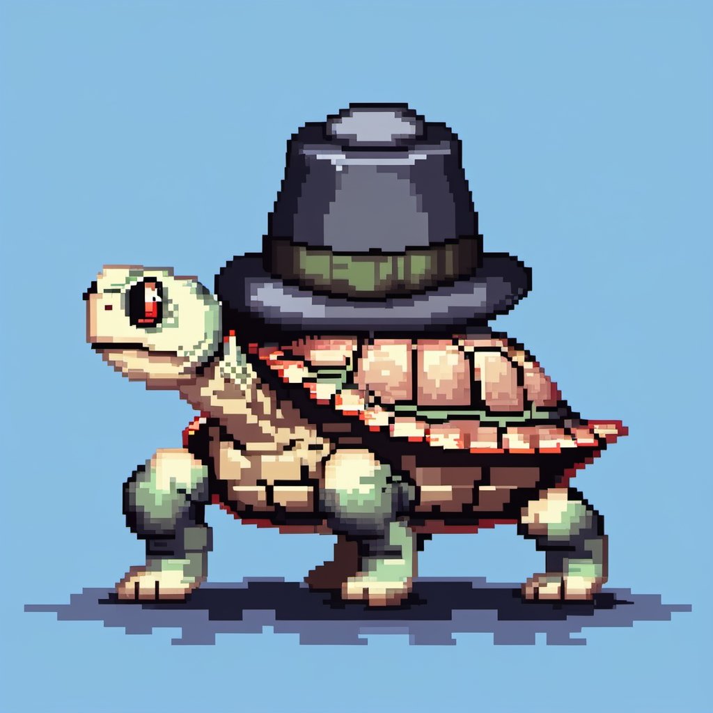 ((Turtle wearing a hat on the head:1.6)), turtle's red eyes, limbs crawling forward, (full body), (side full body picture), sky blue background, ((Pixel art:1.5)), pixel style,pixelstyle,