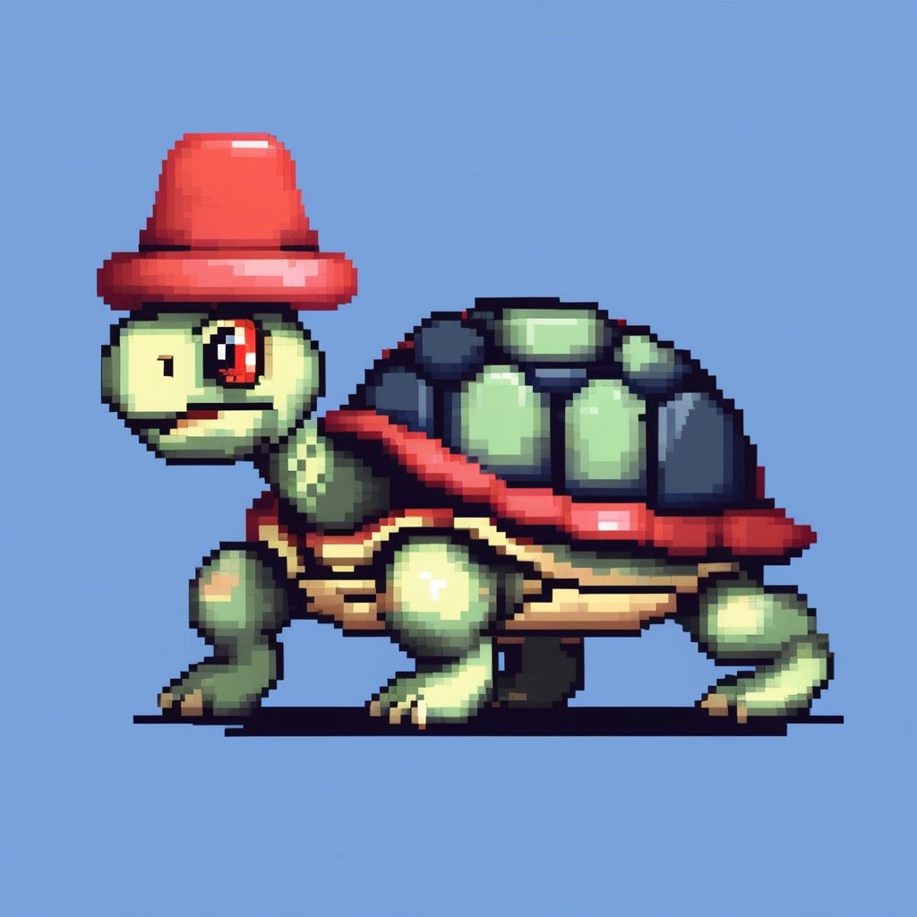 A turtle, ((with a hat on his head)),red eyes:1.9, crawling forward on all fours,(full body picture),(from the side:1.9),
A blue background,(Pixel Art :1.3), Pixel style,pixelartstyle