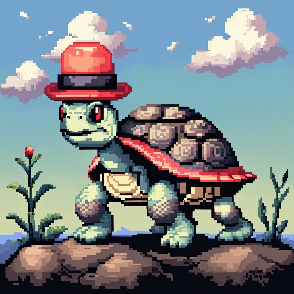 ((Turtle wearing a hat on the head:1.6)), turtle's red eyes, limbs crawling forward, (full body), (side full body picture), sky blue background, ((Pixel art:1.5)), pixel style,pixelstyle,