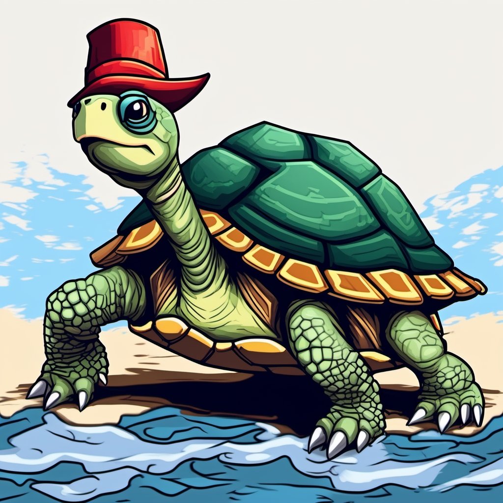 ((Turtle wearing a hat on the head:1.6)), turtle's red eyes, limbs crawling forward, (full body), (side full body picture), sky blue background, (Pixel art:1.5), pixel style,pixelstyle,