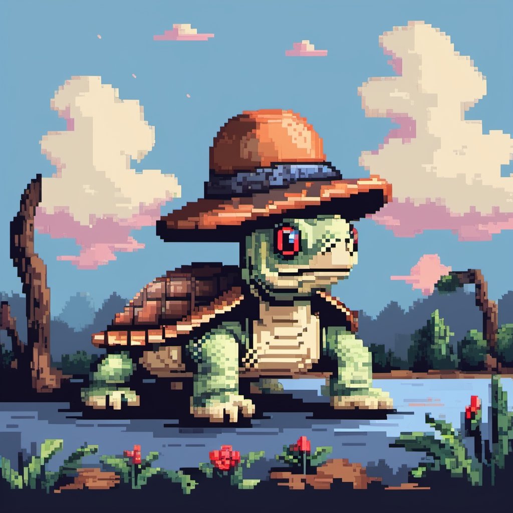 ((Turtle wearing a hat on the head)), turtle's red eyes, limbs crawling forward, (full body), (side full body picture), sky blue background, (Pixel art:1.5), pixel style,pixelstyle,