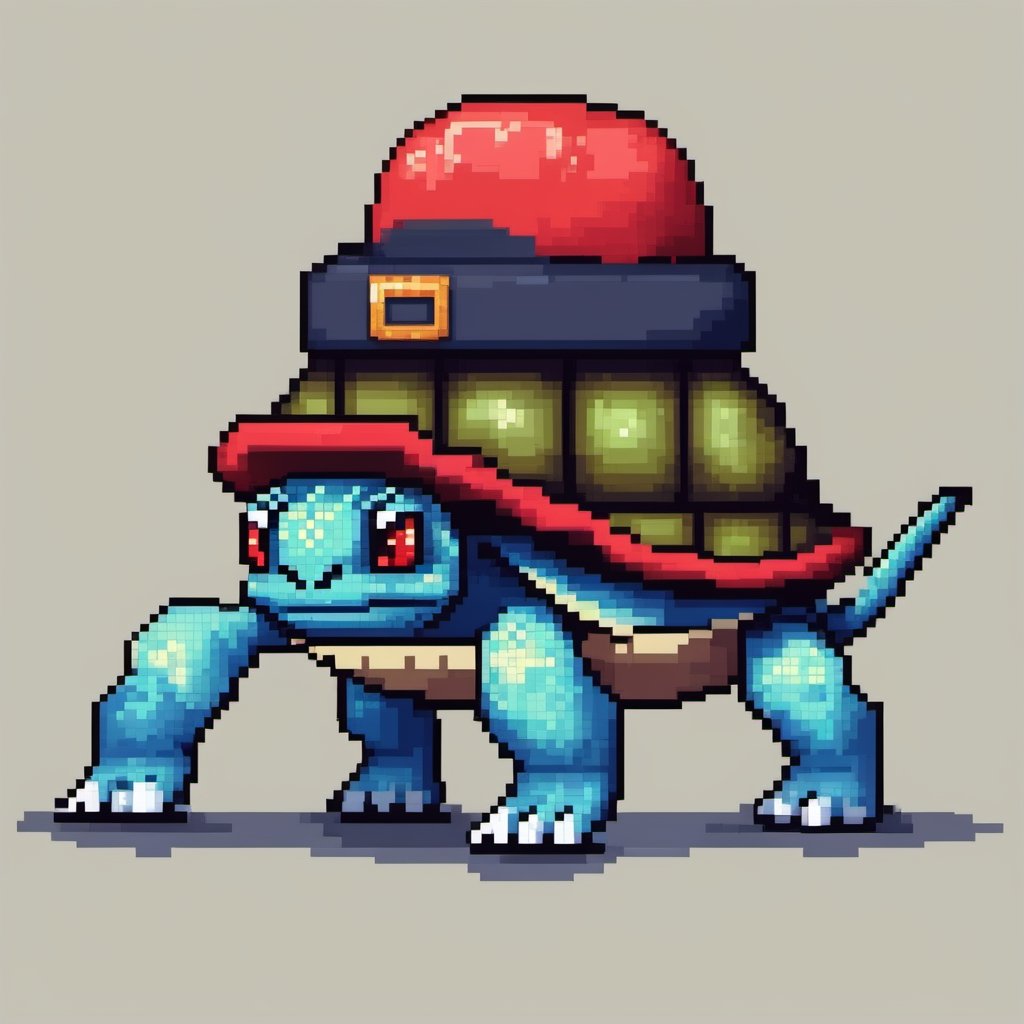 A turtle, ((with a hat on his head and red eyes:1.1)), crawling forward on all fours,(full body picture),(from the side:1.9),
A blue background,(Pixel Art :1.3), Pixel style,