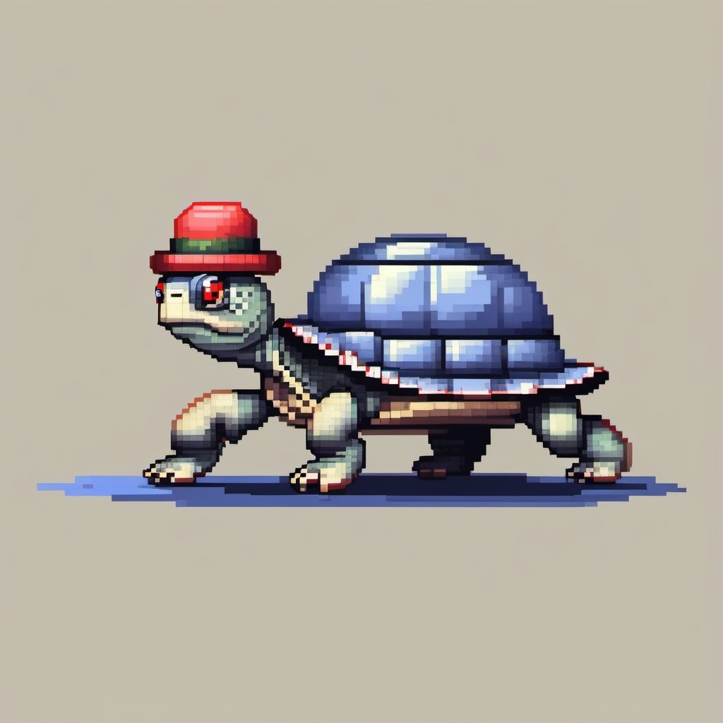 A turtle, ((with a hat on his head and red eyes:1.5)), crawling forward on all fours,
(full body picture),
(from the side),
A blue background,
(Pixel Art :1.3), Pixel style,