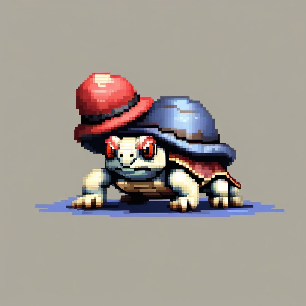 A turtle, ((with a hat on his head and red eyes:1.5)), crawling forward on all fours,
(full body picture),
(from the side),
A blue background,
(Pixel Art :1.3), Pixel style,