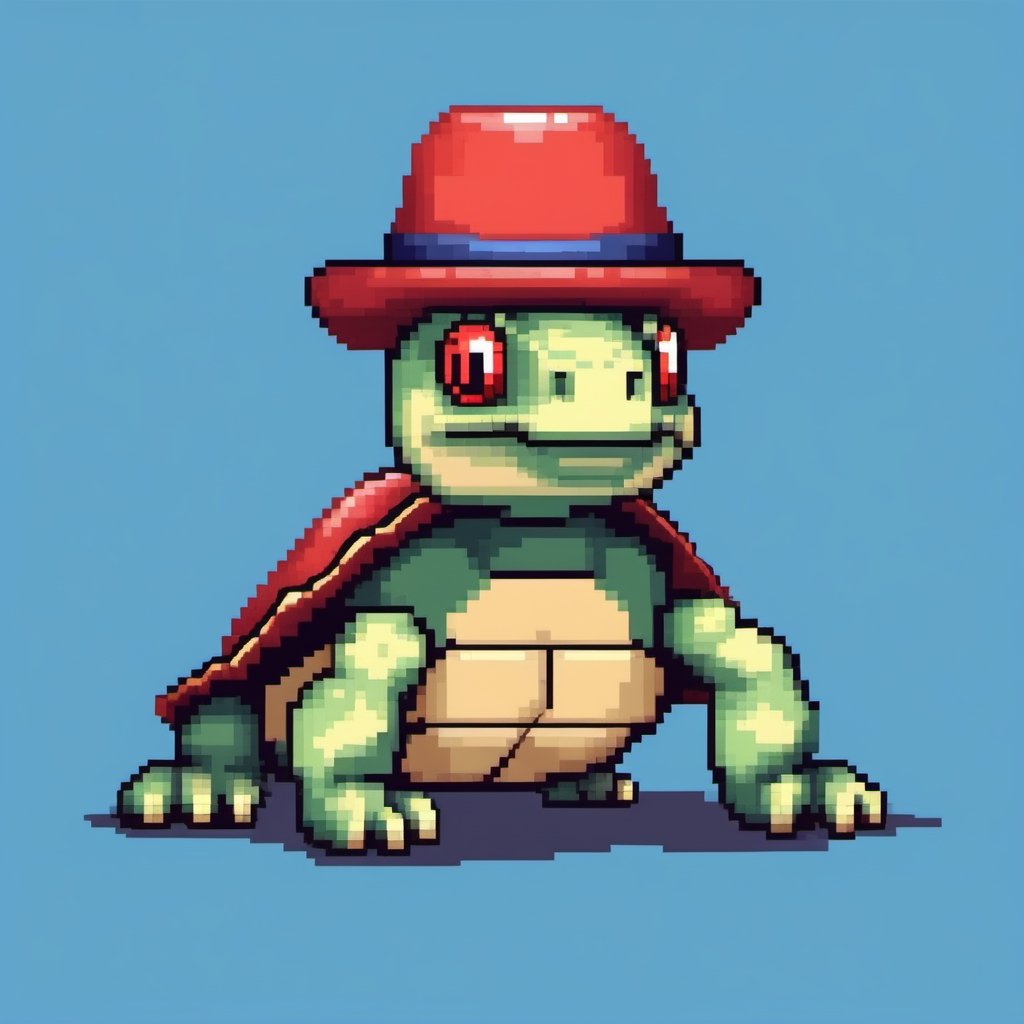 A turtle, ((with a hat on his head and red eyes:1.1)), crawling forward on all fours,(full body picture),(from the side:1.9),
A blue background,(Pixel Art :1.3), Pixel style,