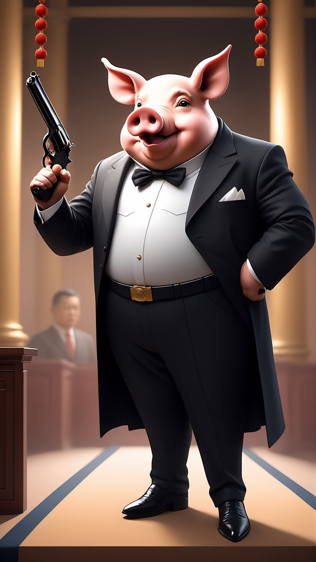 A political dictator, an arms dealer,
((a pig with Chinese characteristics, revolver in hand:1.5)), ((Revolver)), 
((Pig President)), (Pig President), (Pig Man), fat figure, (animal anthropomorphic))
super detail, gangster theme, smoking, black suit, Father of God style, looking at the audience, standing on a balcony, solid color background, Super clear, super facial detail, intricate, whole body, height :1.1, (castle :1.3),