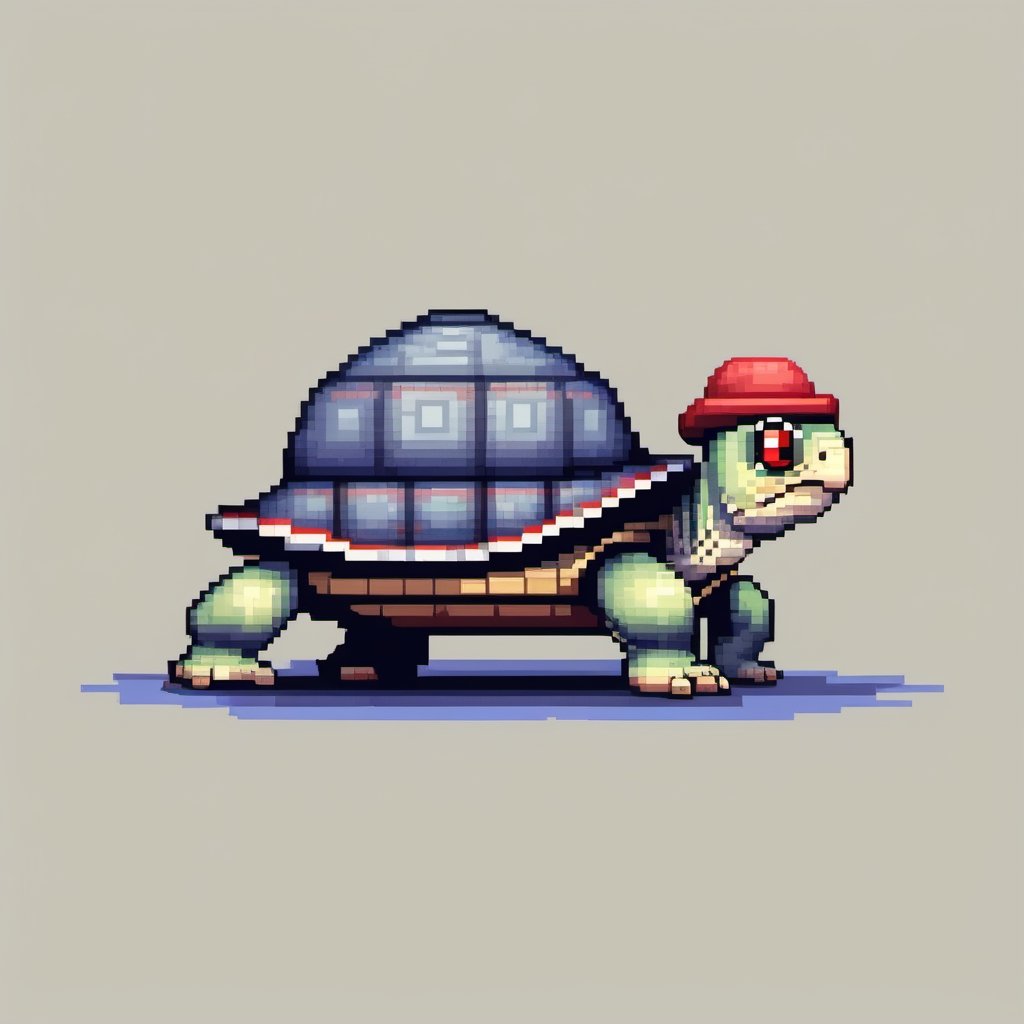 A turtle, ((with a hat on his head and red eyes:1.5)), crawling forward on all fours,
(full body picture),
(from the side),
A blue background,
(Pixel Art :1.3), Pixel style,