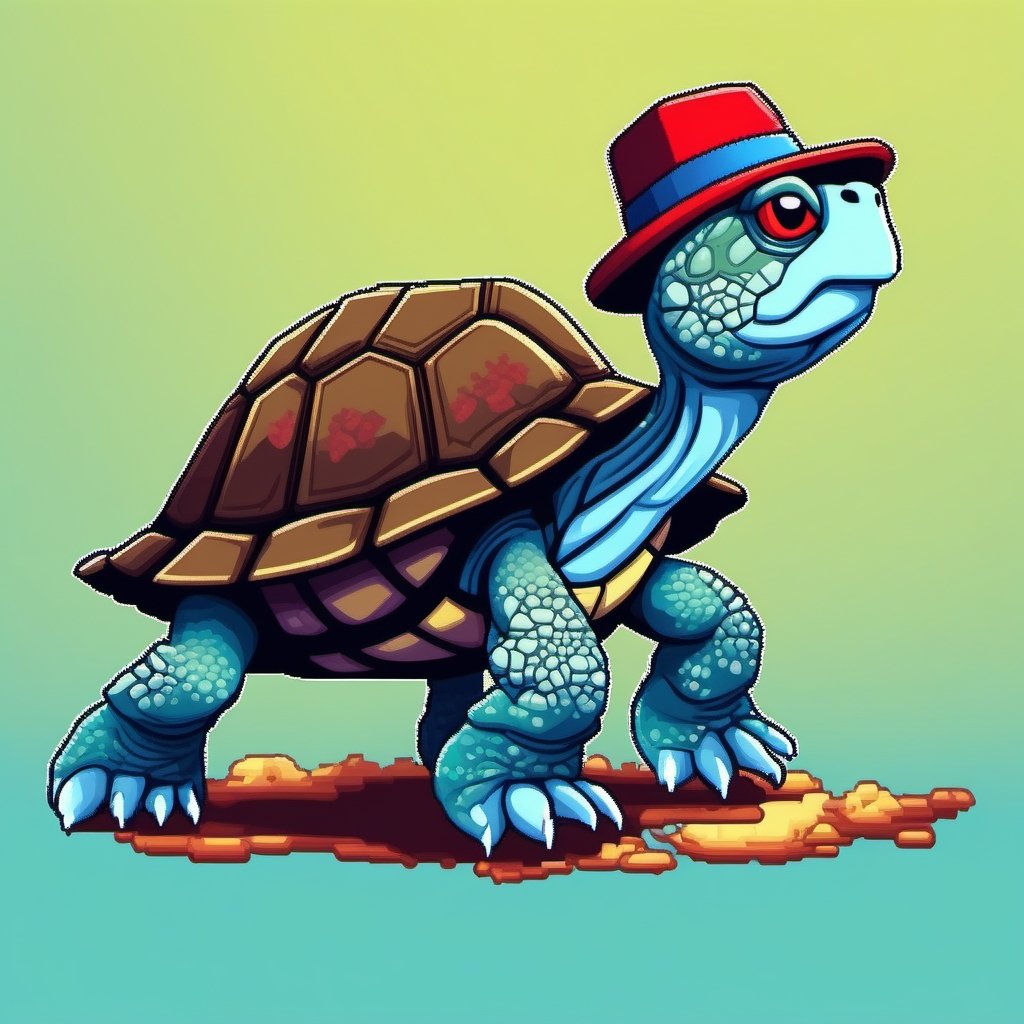 Turtle wearing a hat on the head, turtle's red eyes, limbs crawling forward, (full body), (side full body picture), sky blue background, (Pixel art :1.1), pixel style,