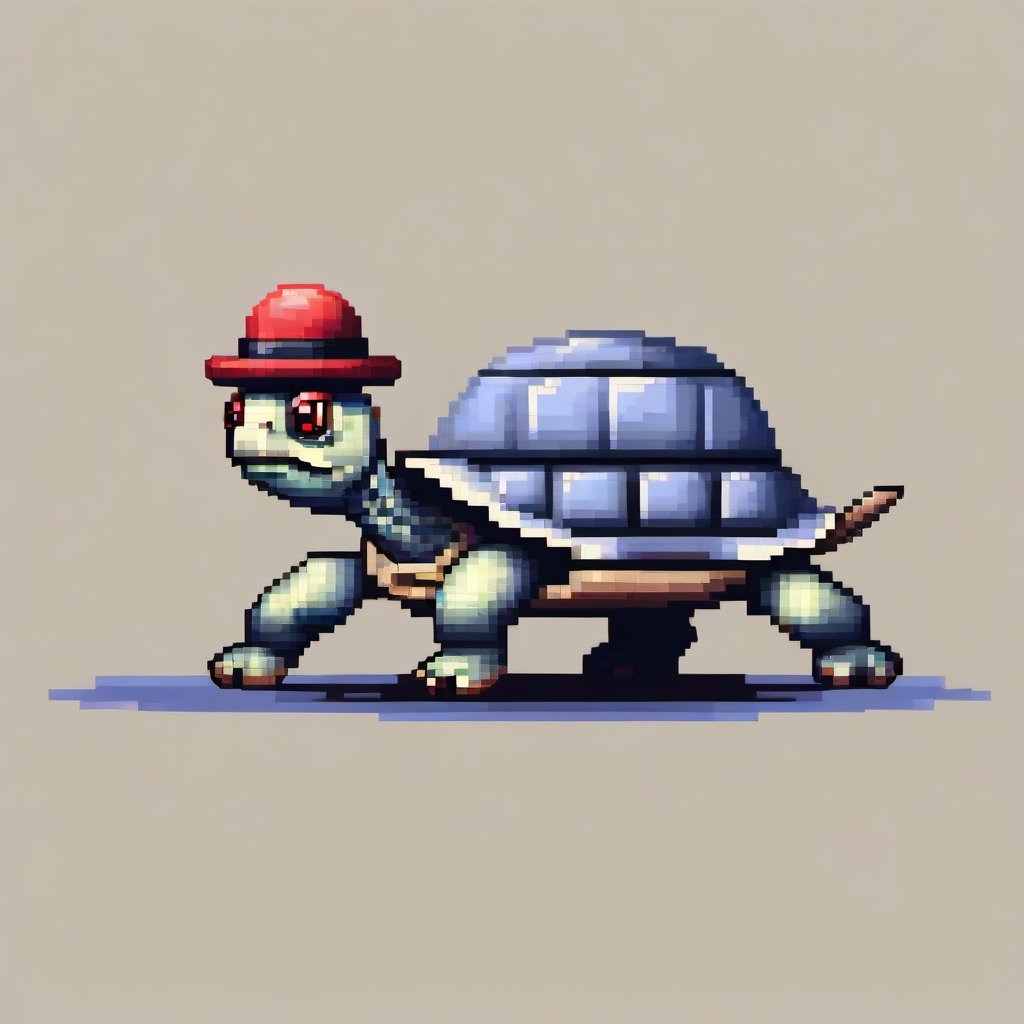 A turtle, ((with a hat on his head and red eyes:1.5)), crawling forward on all fours,
(full body picture),
(from the side),
A blue background,
(Pixel Art :1.3), Pixel style,