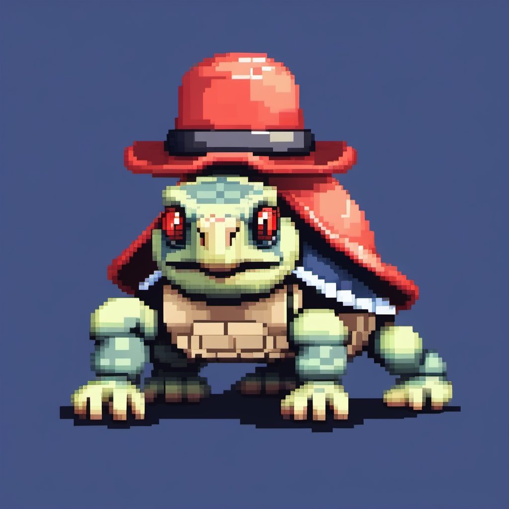 A turtle, ((with a hat on his head)),red eyes:1.9, crawling forward on all fours,(full body picture),(from the side:1.9),
A blue background,(Pixel Art :1.3), Pixel style,pixelartstyle