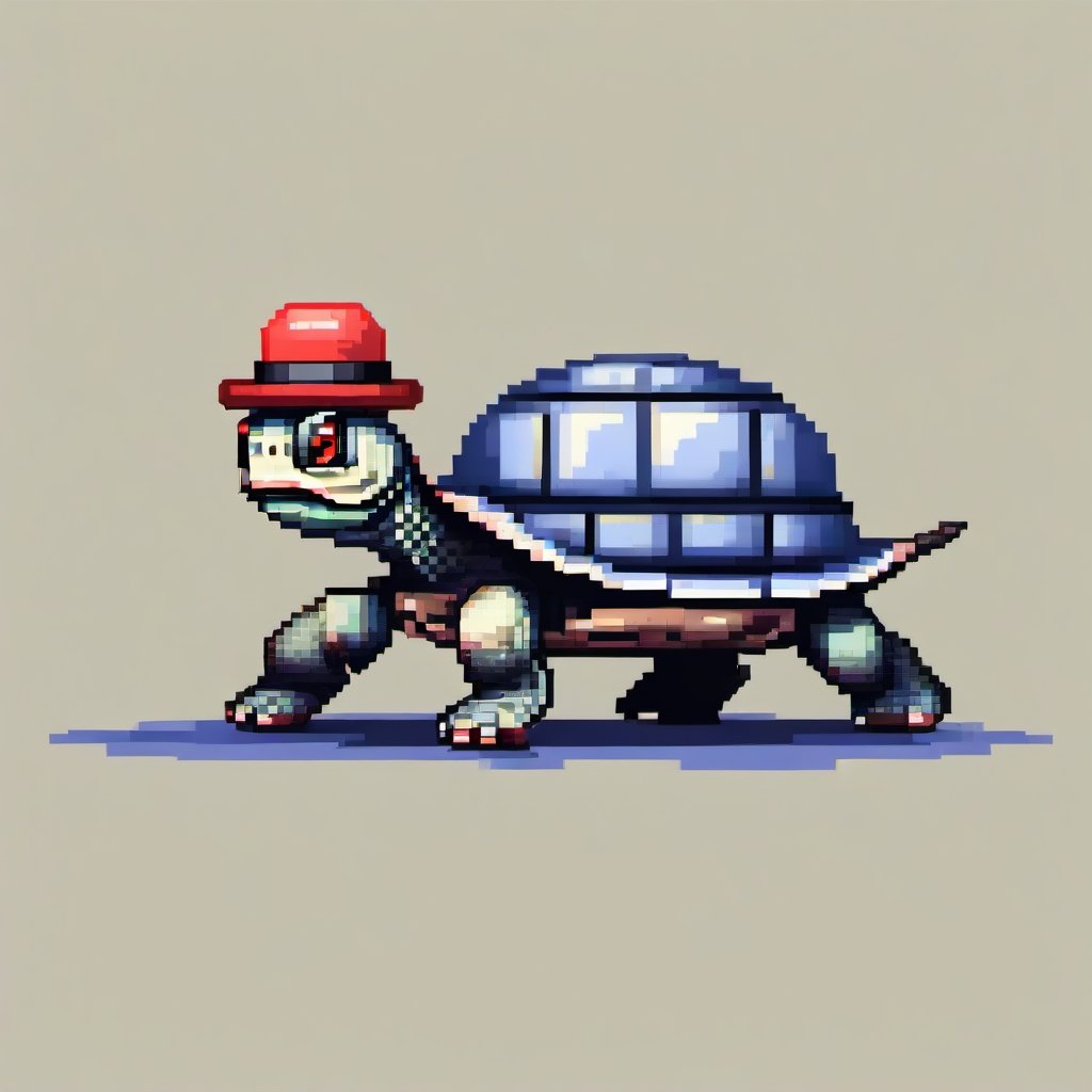 A turtle, ((with a hat on his head and red eyes:1.5)), crawling forward on all fours,
(full body picture),
(from the side),
A blue background,
(Pixel Art :1.3), Pixel style,